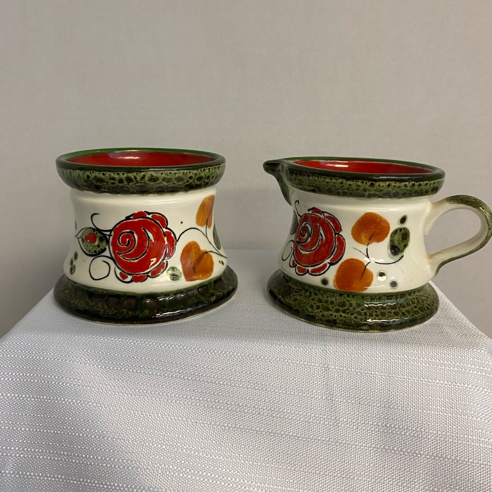 Tirol Schramberg Hand Painted Red and Green Sugar and Creamer Set German Floral